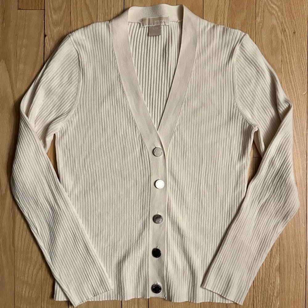 Michael Kors Womens Off White Button Front V-Neck Cardigan Sweater, Size Large